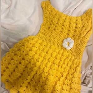 Y2K Vintage Yellow Crochet Kids Dress with White Flower Accent